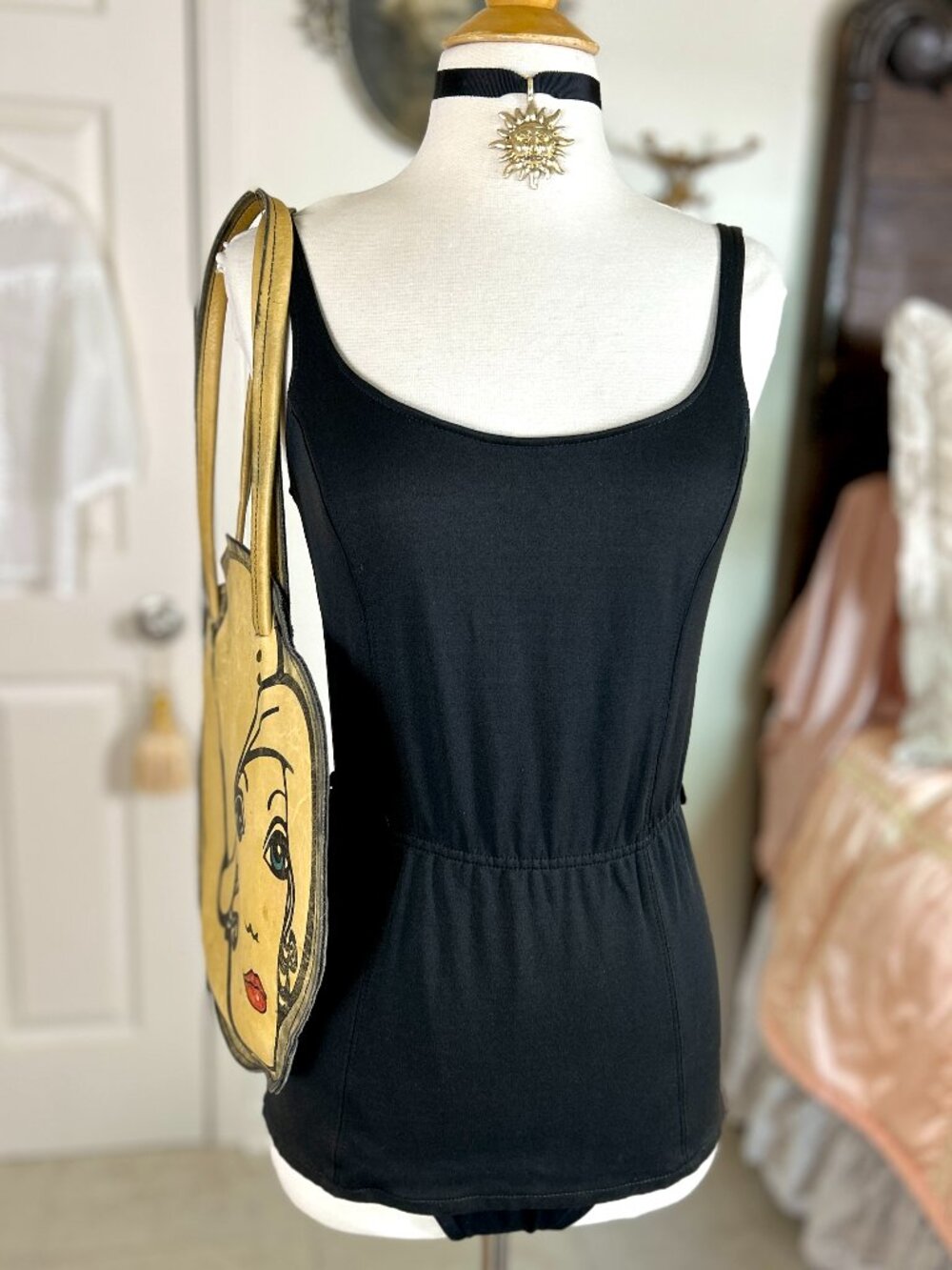 Vintage 70s Black One Piece Swimsuit, Retro, Low Back, Bathing Suit Swim Dress